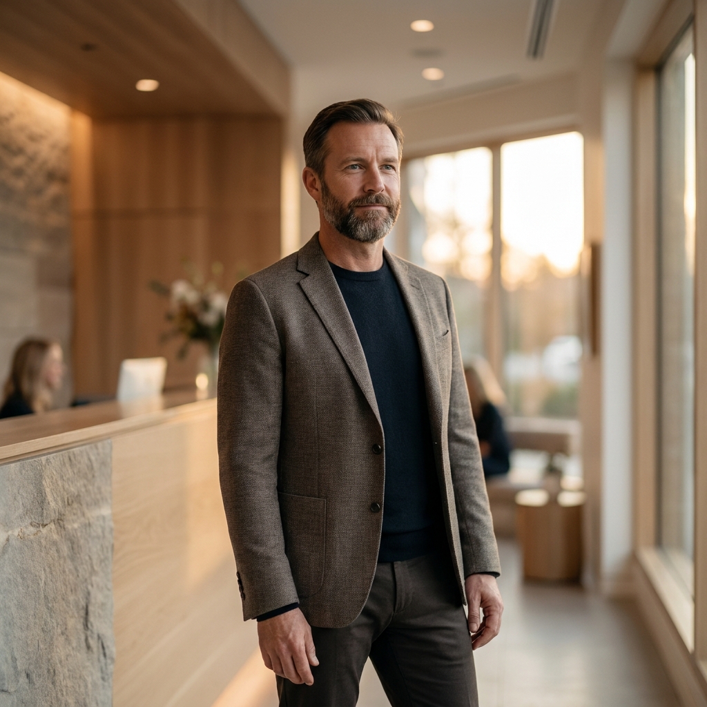 Confident man in premium hair restoration clinic considering scalp micropigmentation costs and long-term value
