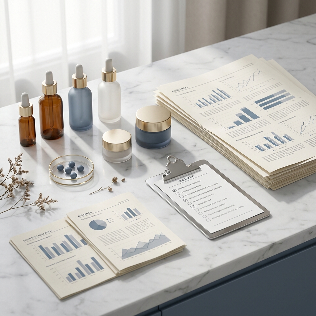 Curated arrangement of hair restoration products alongside clinical research documents on a marble surface