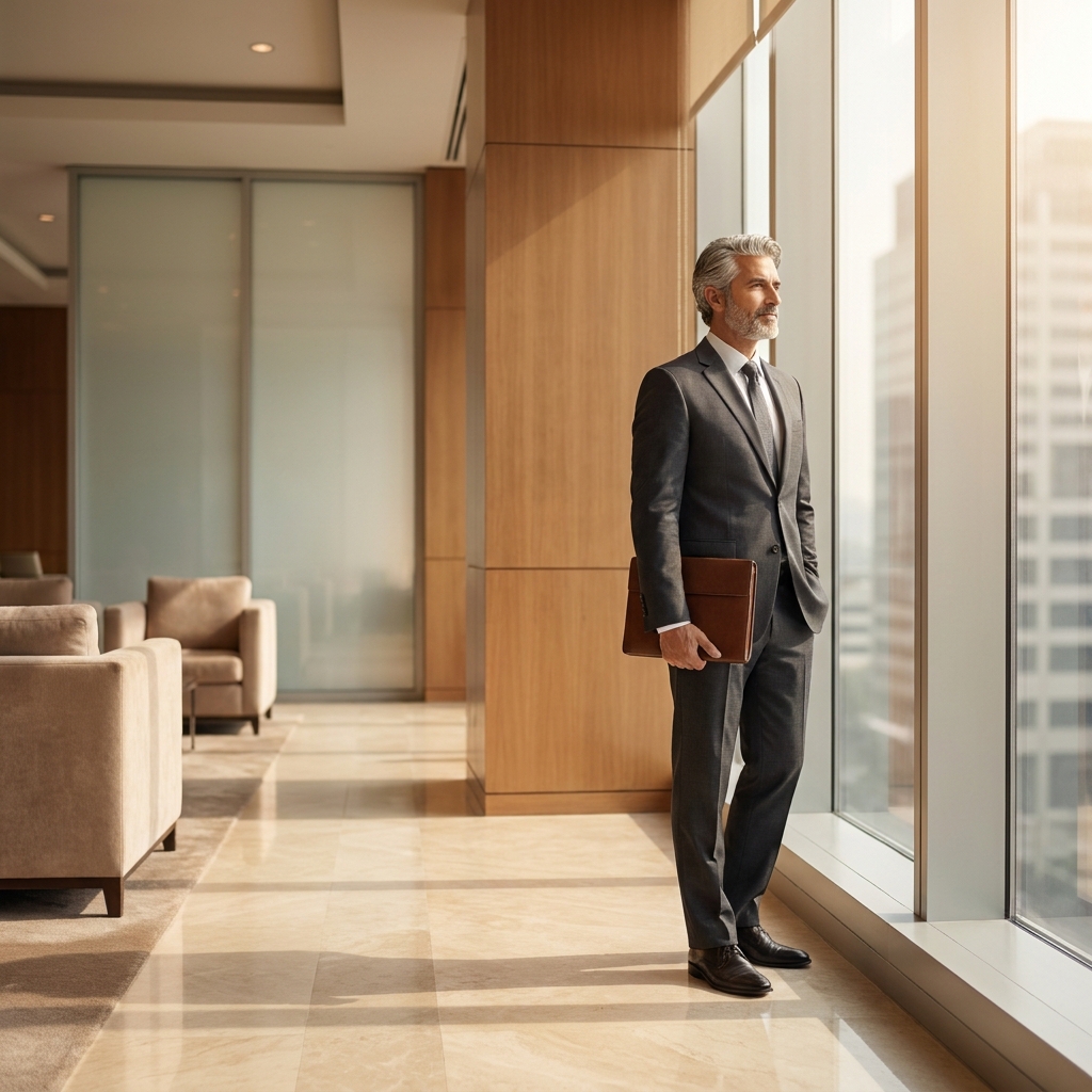 Confident man in a premium Manhattan hair restoration clinic, reflecting the value behind FUE hair transplant price.
