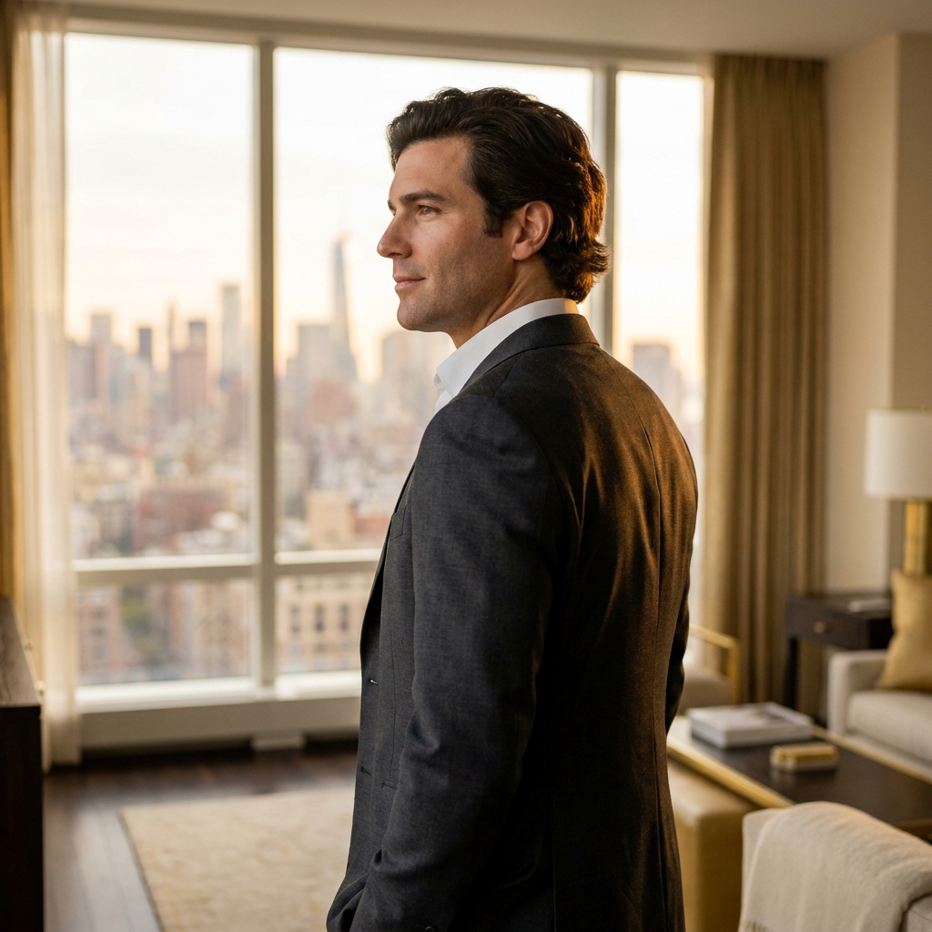 Confident professional man with natural full hairline against NYC skyline — no shave FUE NYC result