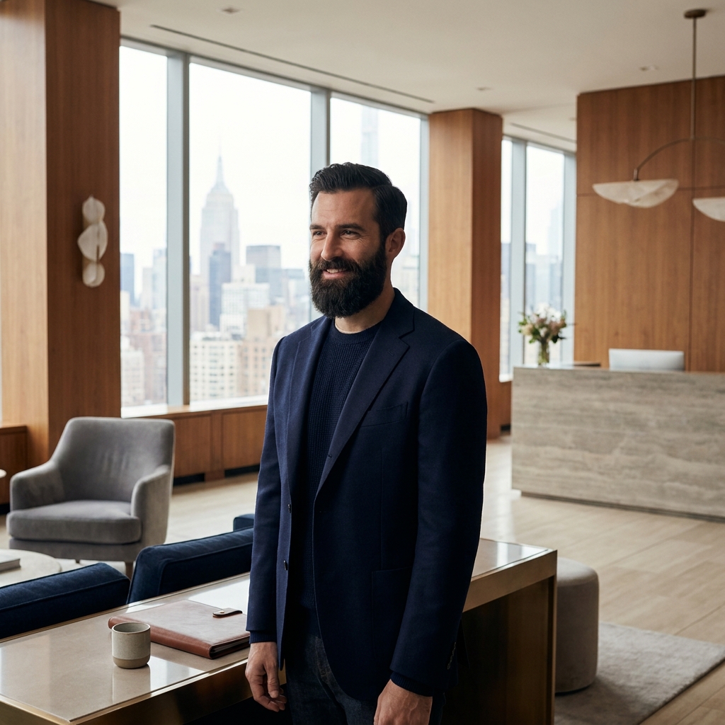 Confident man with a full groomed beard in a modern NYC clinic, representing beard transplant near me results