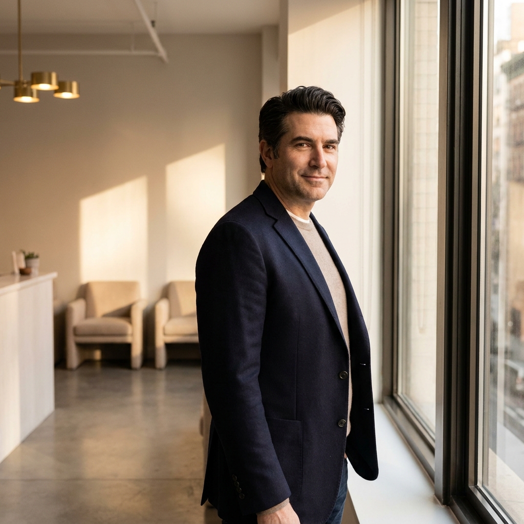 Confident man with healthy hair in a modern NYC clinic, representing effective men's hair treatment for hair loss