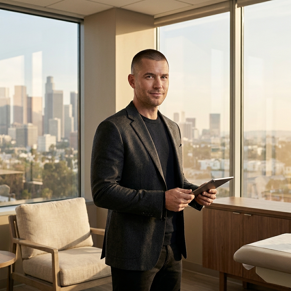 Confident man with sharp buzzed hairstyle in a modern Los Angeles medical consultation room for scalp micropigmentation