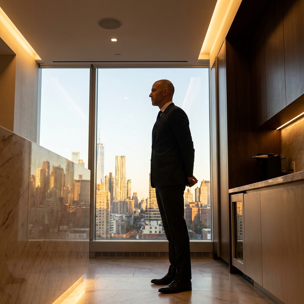 Confident man with refined appearance in a luxury Manhattan setting, representing scalp micropigmentation LA patients traveling to NYC.
