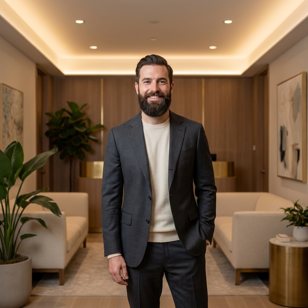 Confident man with full groomed beard in a modern beard transplant clinic setting in Manhattan