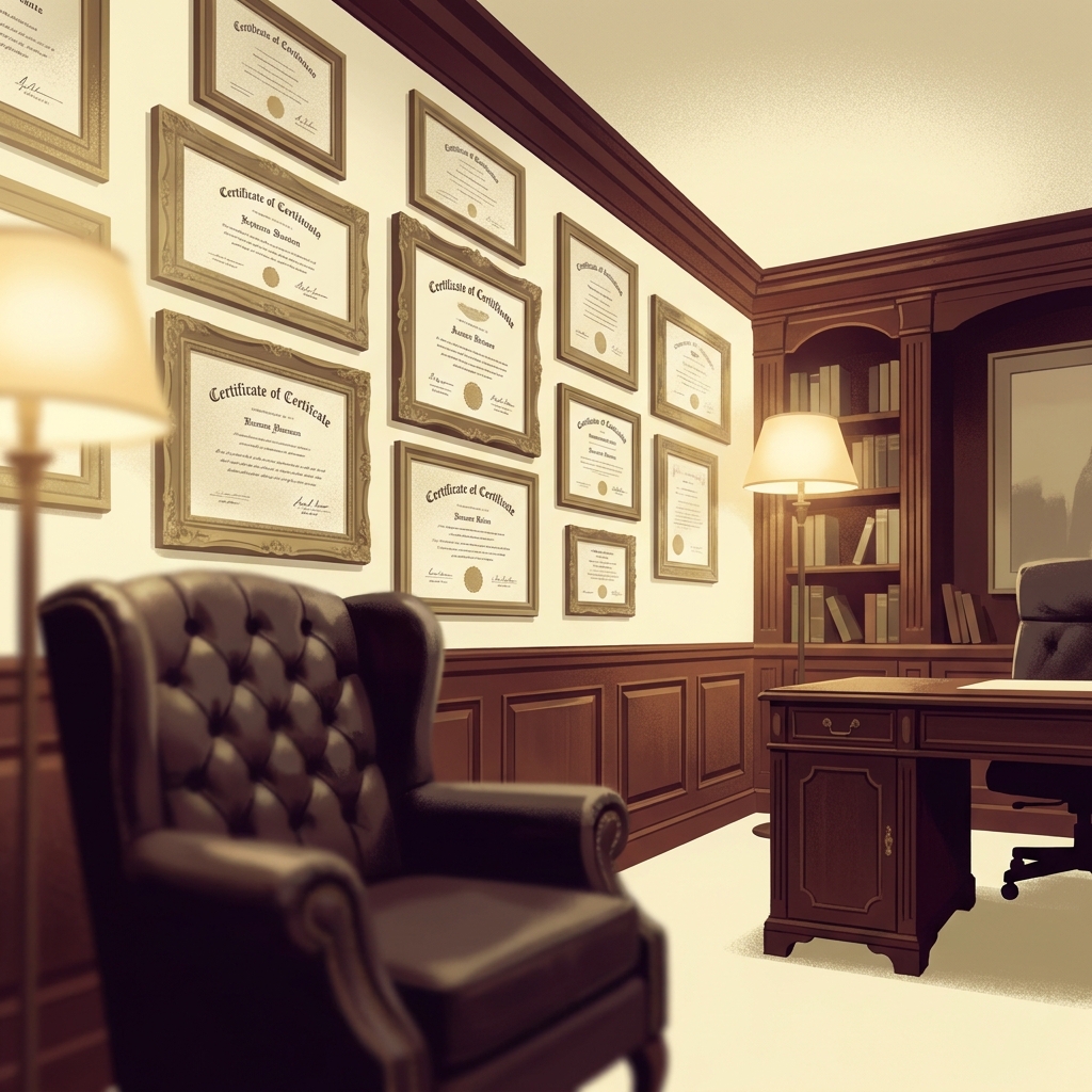Elegant medical office with framed credentials on the wall, representing the importance of verified hair transplant surgeon qualifications.