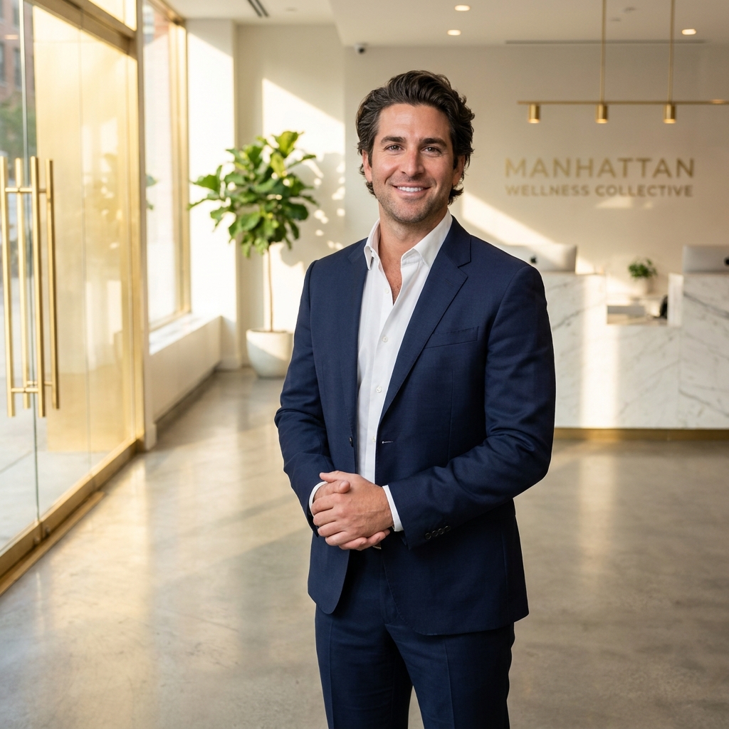 Confident man in modern NYC clinic representing successful hair treatment for hair loss in men