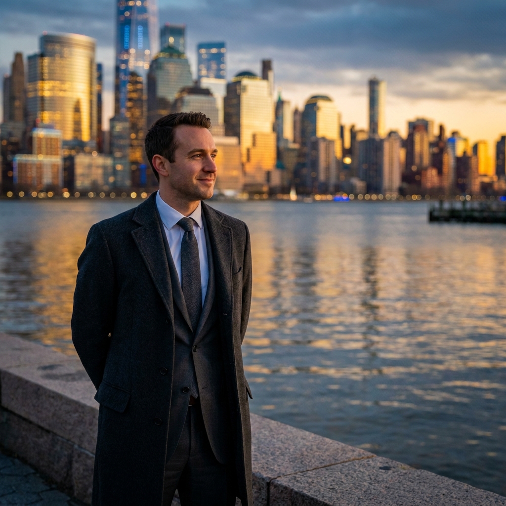 Man in NJ looking toward Manhattan skyline across Hudson River, representing the journey for a hair transplant NJ consultation