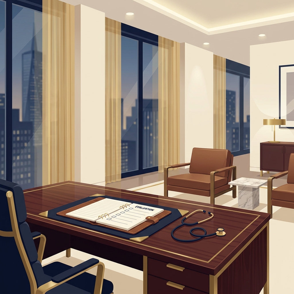 Elegant medical consultation room with evaluation checklist, representing standards for choosing hair transplant clinics