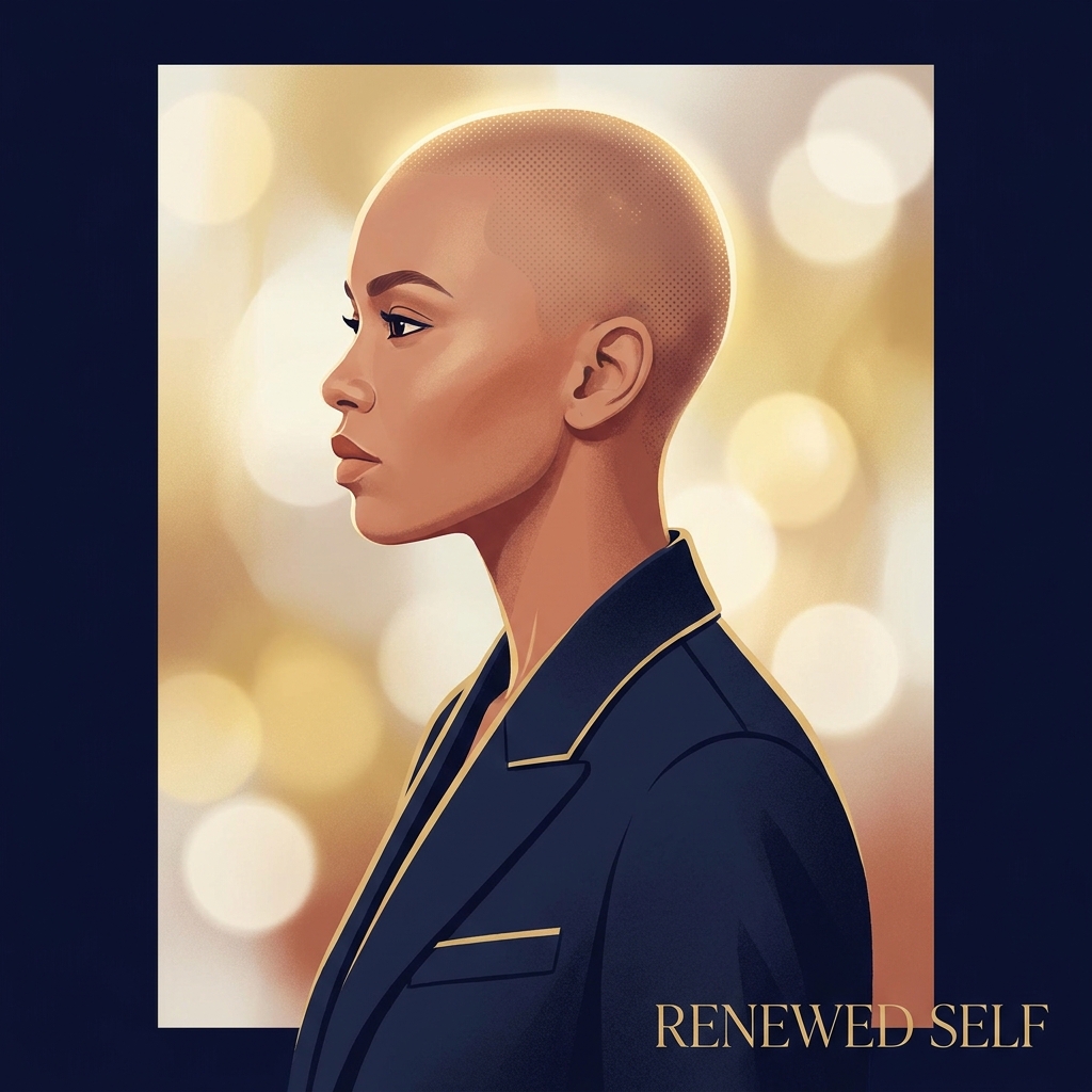 Stylized illustration of person with even, natural-looking scalp density, representing scalp micropigmentation for hair transplant scars
