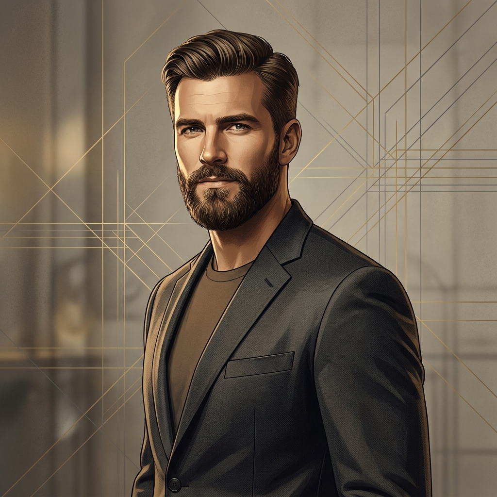 Well-groomed man with a precisely defined beard showcasing natural beard transplant results