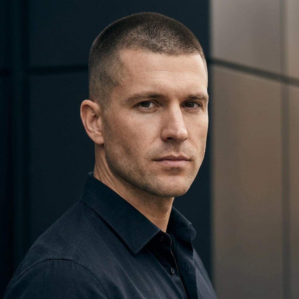 Confident man with sharp buzz cut showcasing the refined aesthetic result of men's scalp micropigmentation