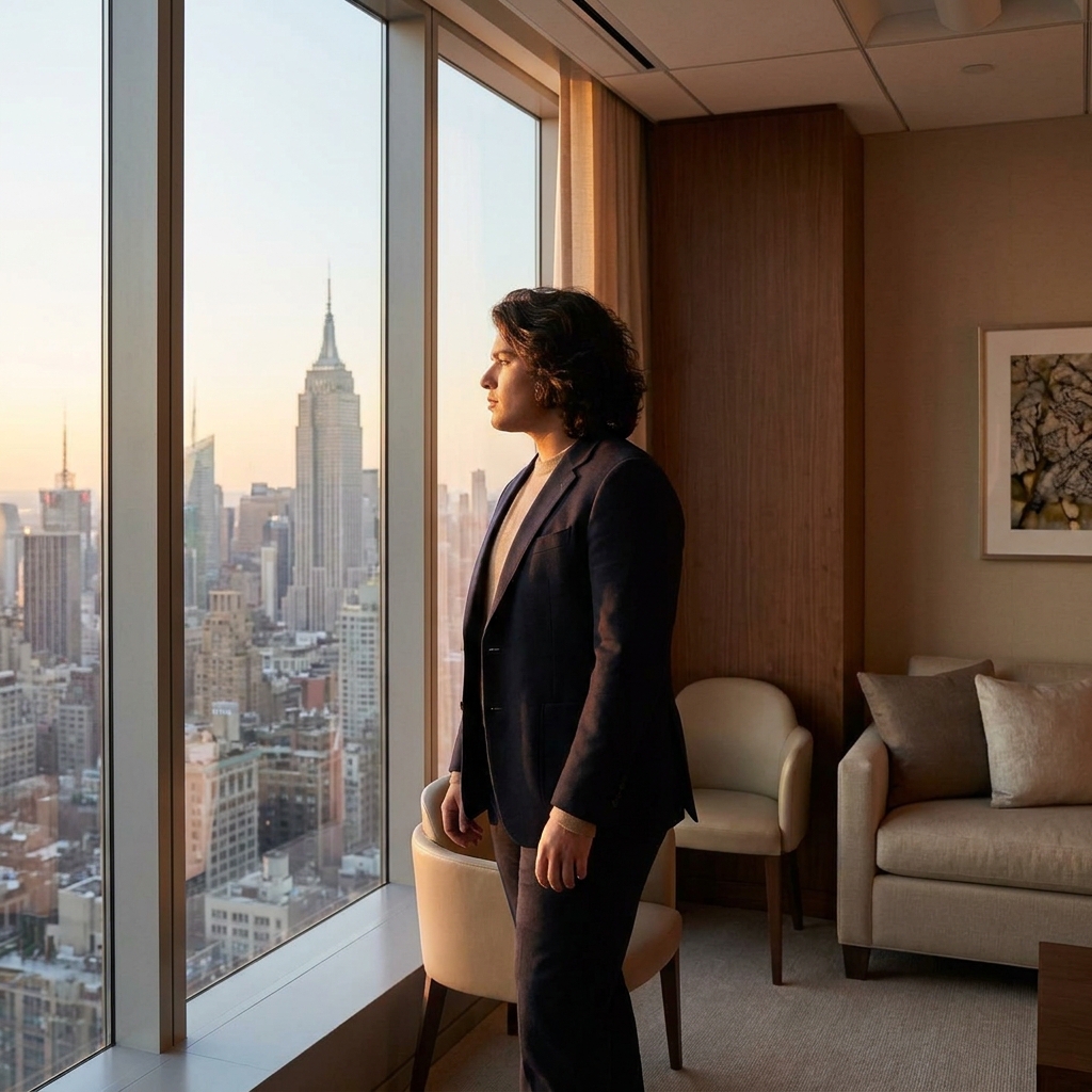 Confident person with full healthy hair in a premium Manhattan setting, representing informed hair restoration clinic decisions.