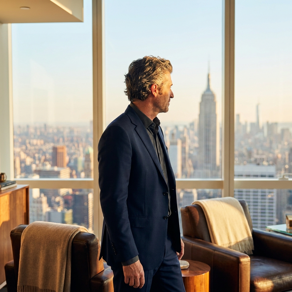 Confident man with full healthy hair overlooking NYC skyline, representing FUE hair transplant results for Houston TX patients