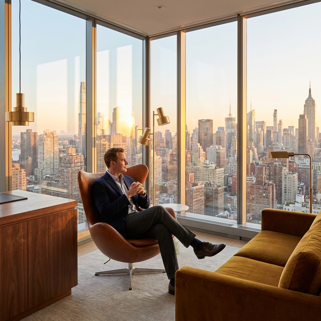 Confident man in a luxury scalp micropigmentation New York clinic with Manhattan skyline in background