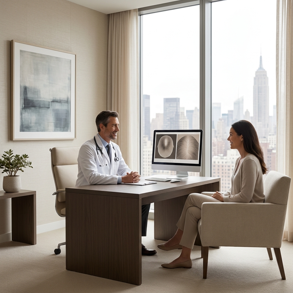 Doctor consulting patient during hair restoration near me evaluation in Manhattan clinic