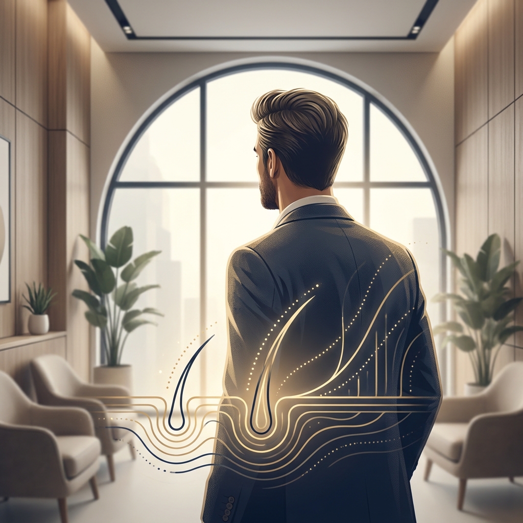 Conceptual illustration of hair transplant science showing natural hair growth and restoration