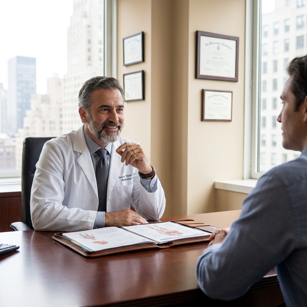 Doctor consulting with patient about hair restoration specialists credentials in a Manhattan office