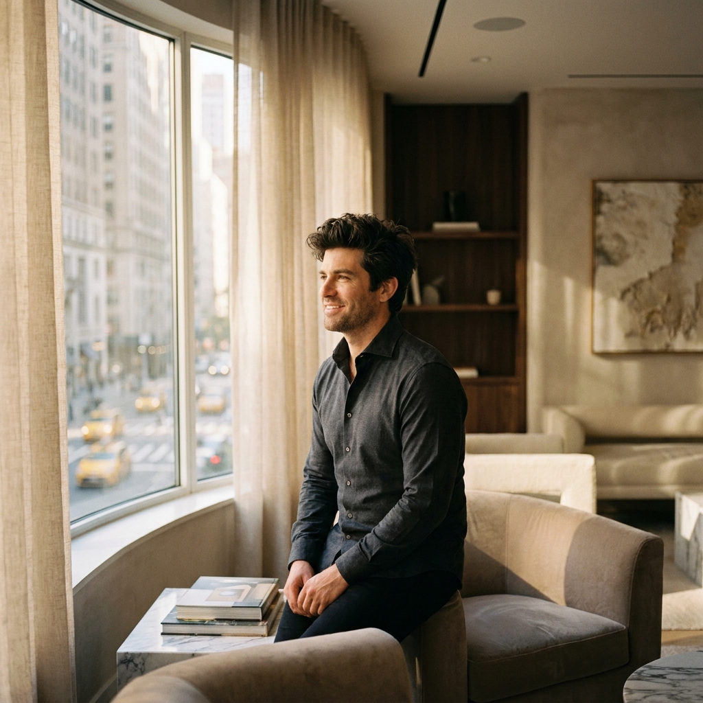 Confident man with natural results from surgical hair restoration in upscale NYC clinic