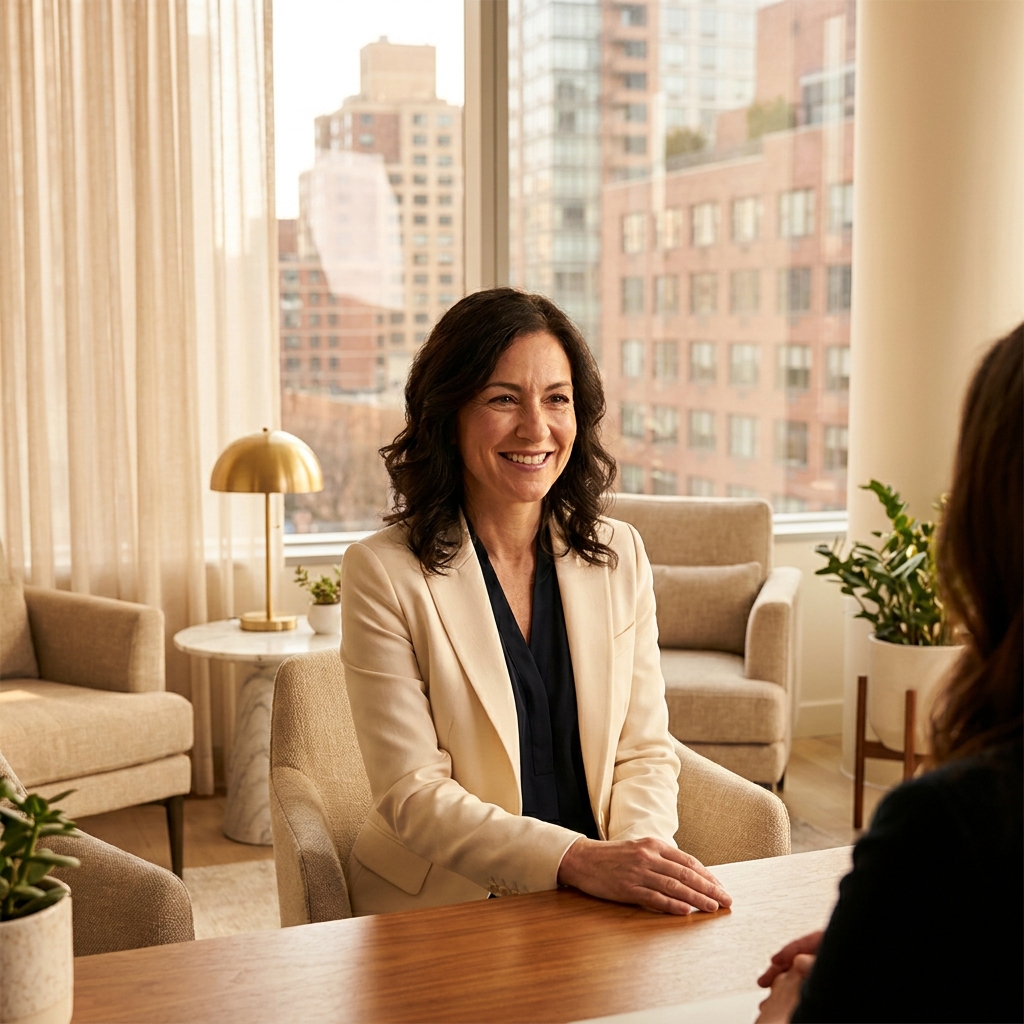 Confident woman with healthy hair in elegant consultation, representing hair restoration for women