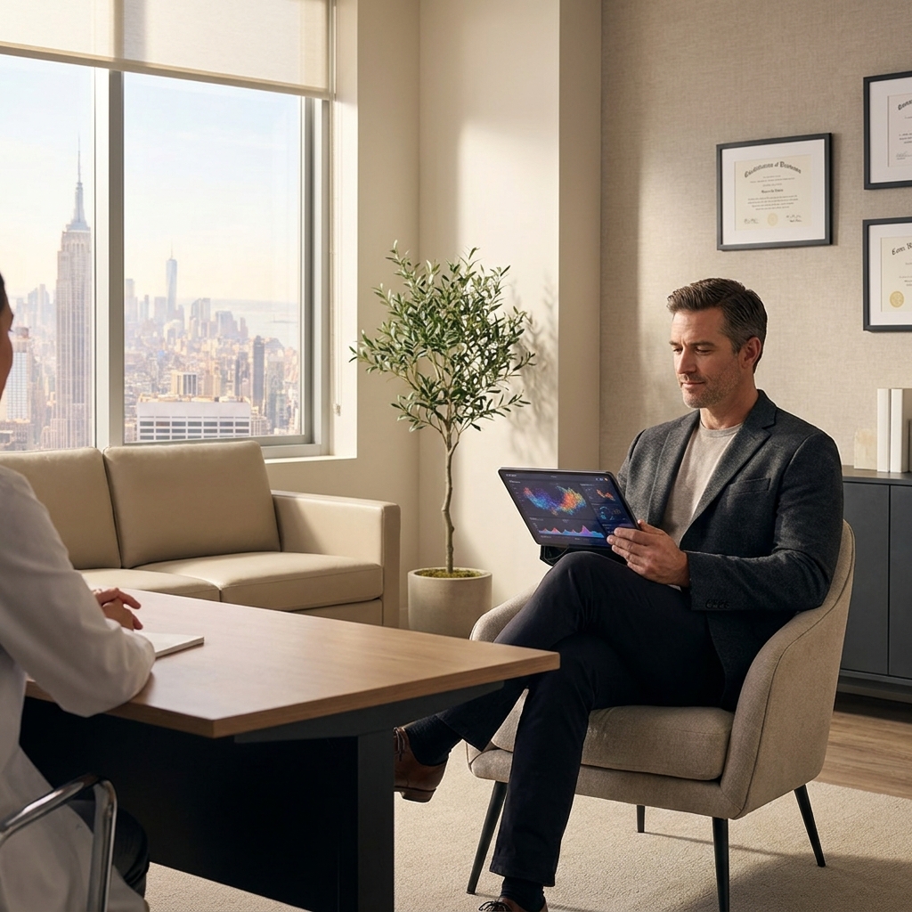 Patient reviewing FUE hair transplant data during a consultation in a modern Manhattan clinic