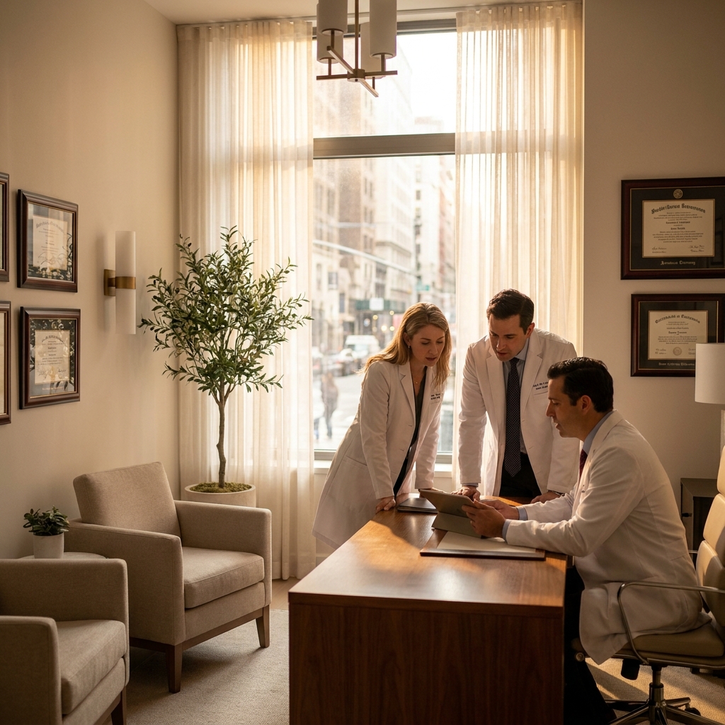 Team of specialists consulting together, representing trusted hair restoration near me care