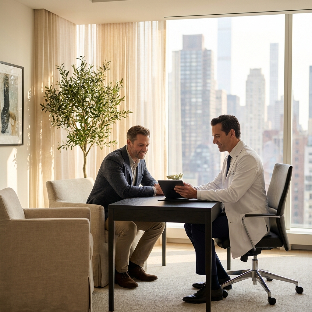 Doctor and patient discussing hair loss and baldness treatment options in a modern consultation room