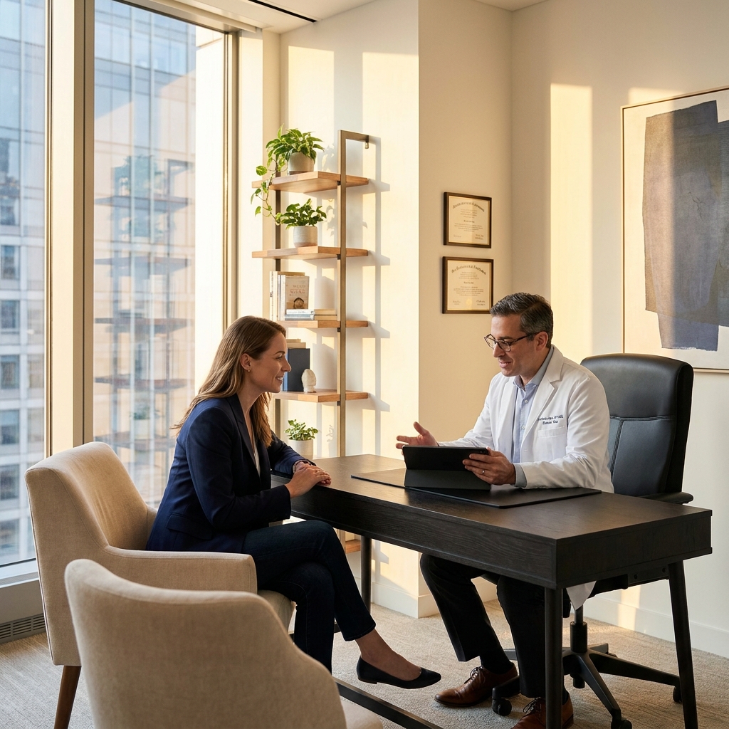 Patient consulting with a specialist before choosing scalp micropigmentation clinics near me