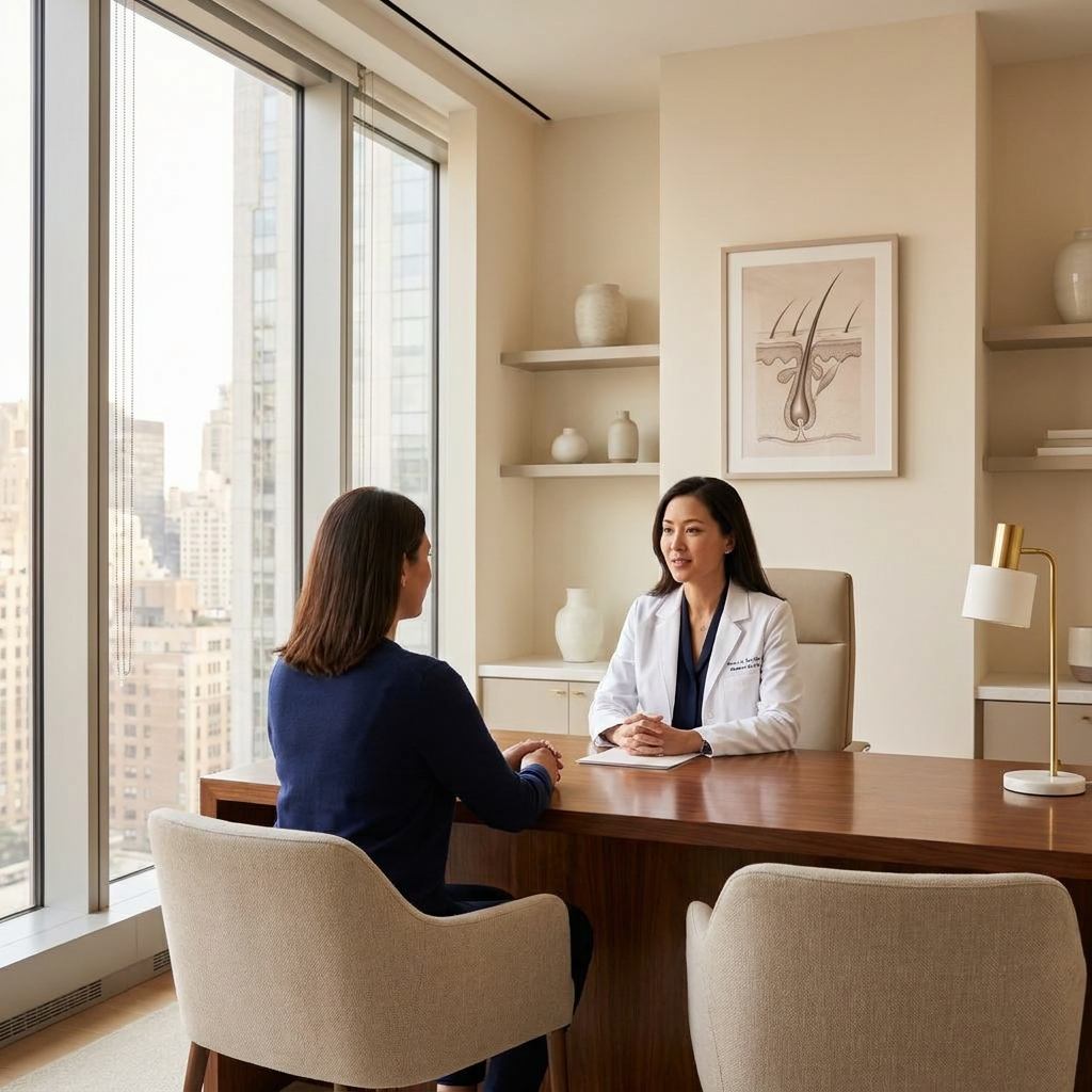 Doctor and patient consulting on dermatology and hair restoration care in a modern clinic