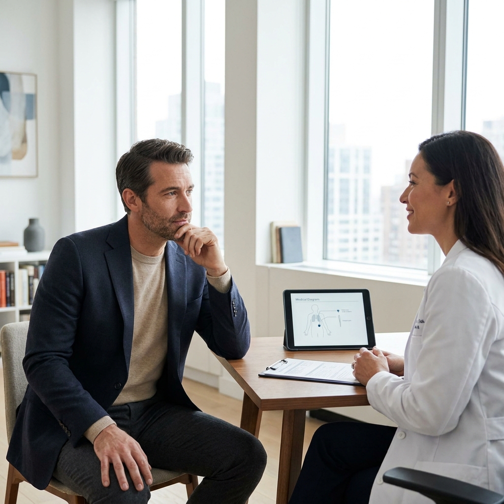 Man consulting physician about FUE hair transplant for men in modern NYC clinic