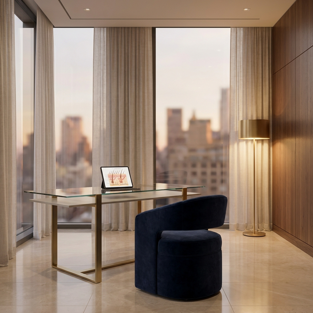 Elegant consultation room representing a premium FUE hair transplant clinic setting
