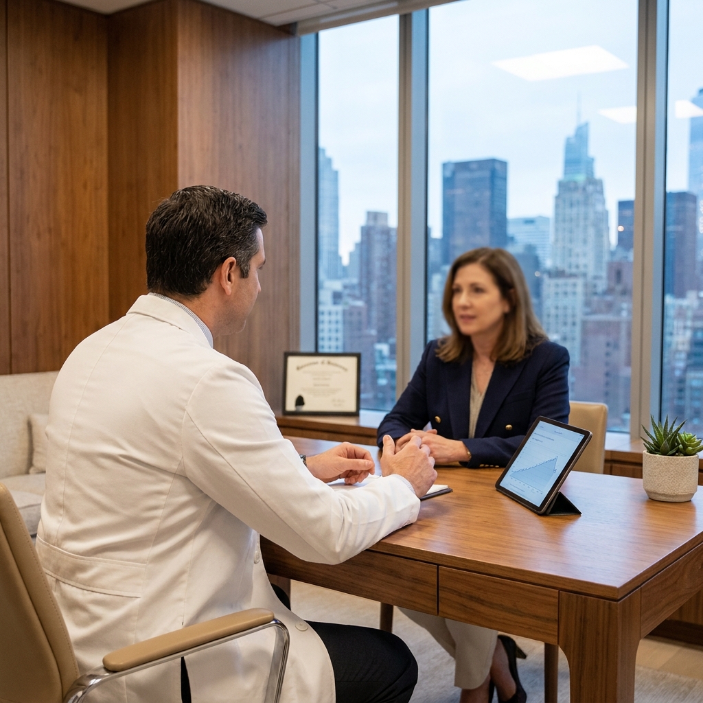 Consultation at a hair restoration clinic discussing credentials and treatment options