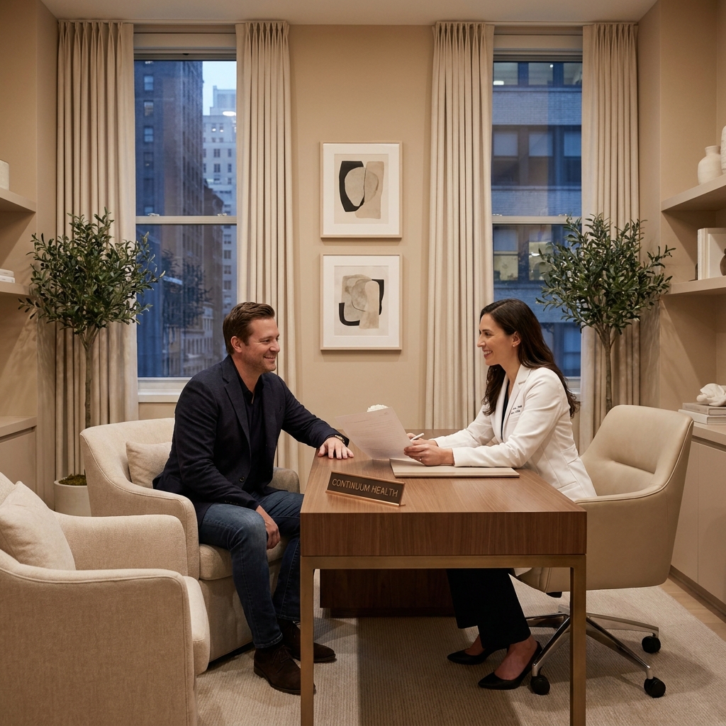 Patient and doctor in consultation, representing ongoing hair restoration services
