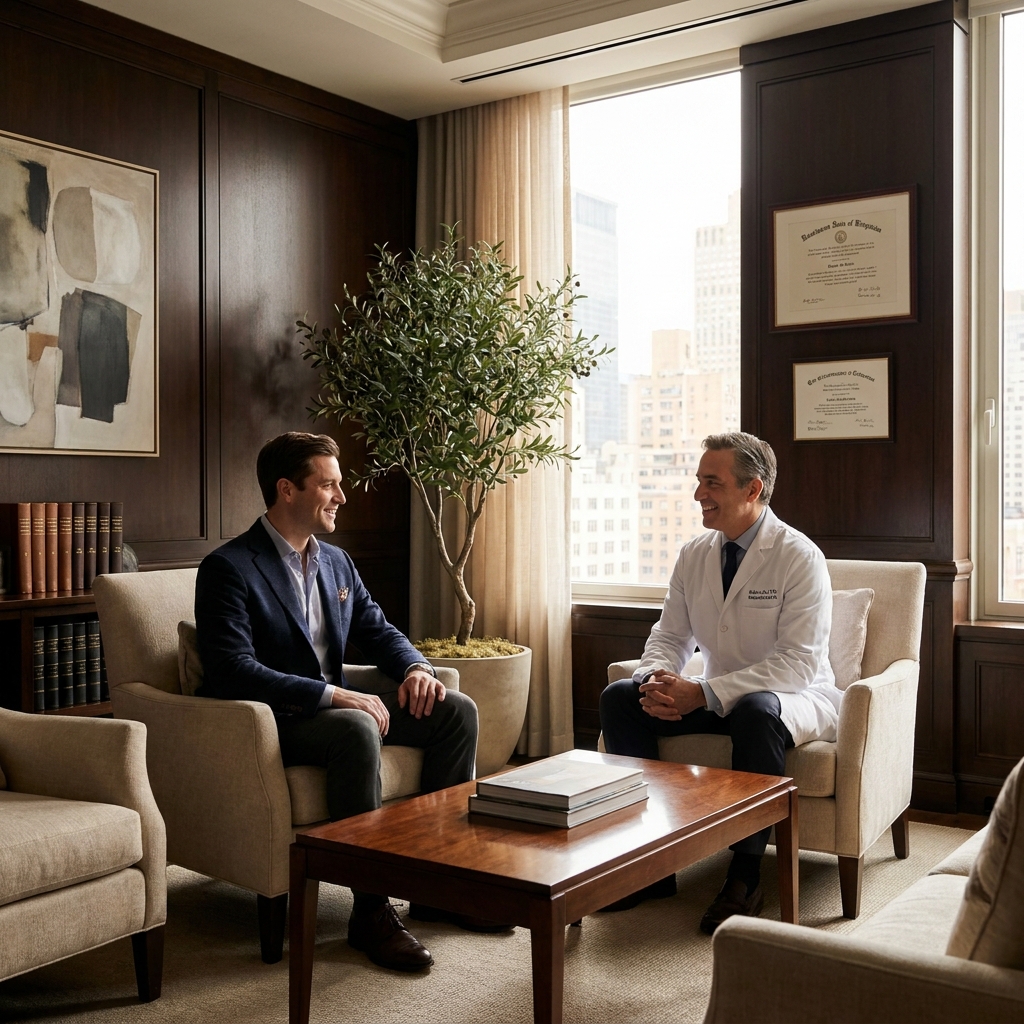Physician consulting with patient about non surgical hair restoration options in modern NYC clinic