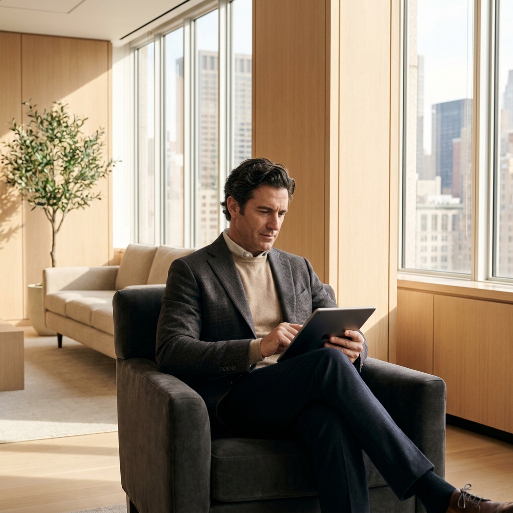 Confident man reviewing hair restoration treatment options in a modern Manhattan clinic