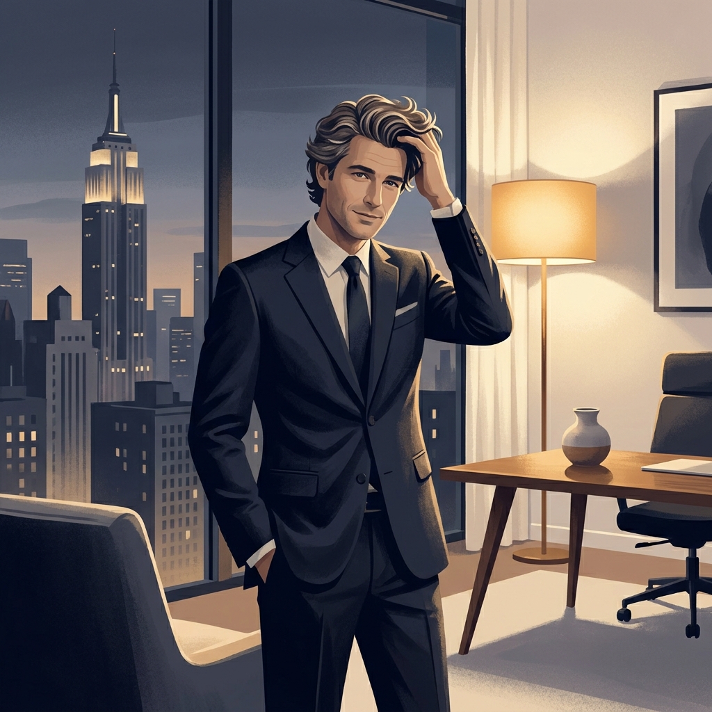 Confident man in modern Manhattan office reflecting successful hair restoration therapy outcomes