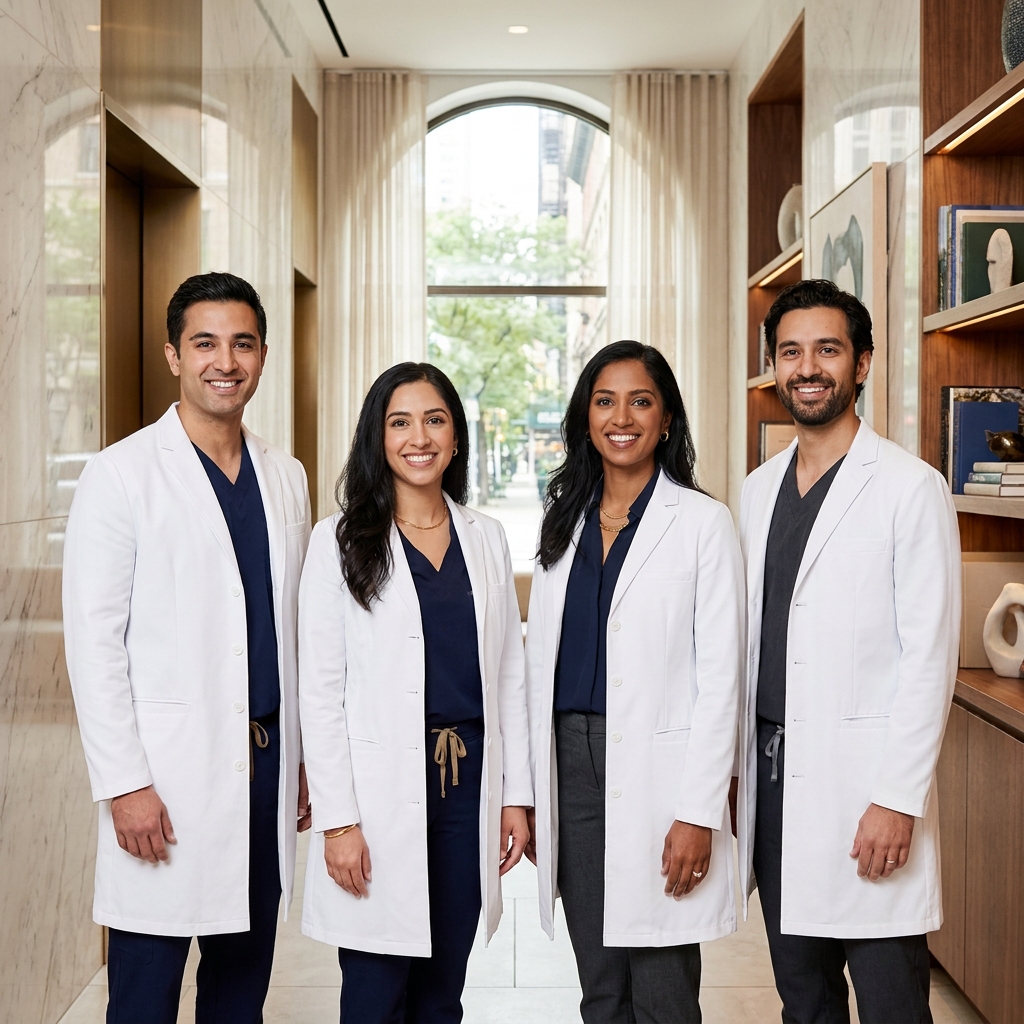 Team of hair restoration specialists standing together in a modern Manhattan clinic