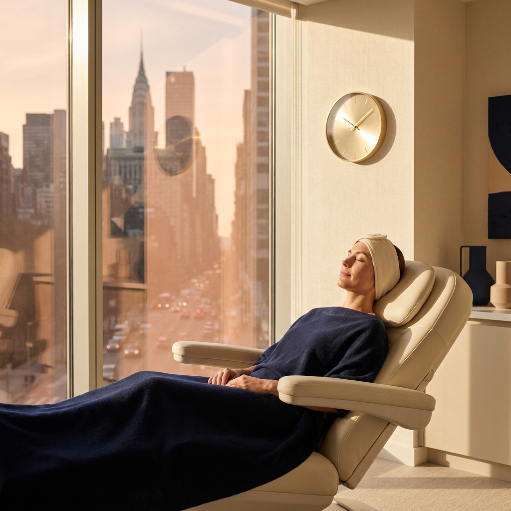 Patient resting peacefully during hair transplant surgery recovery time in a Manhattan clinic