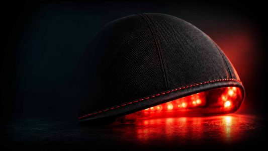 Black therapy cap with red glow